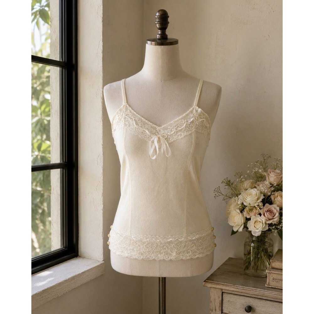 Soft Sweater Knit Camisole Tank Top Cream Lace And Ribbon Trim Sz. L Coquette - Picture 2 of 7